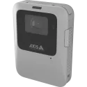 Graue und quadratische AXIS W110 Body Worn Camera mit schwarzem Objektiv und dem Axis Logo.